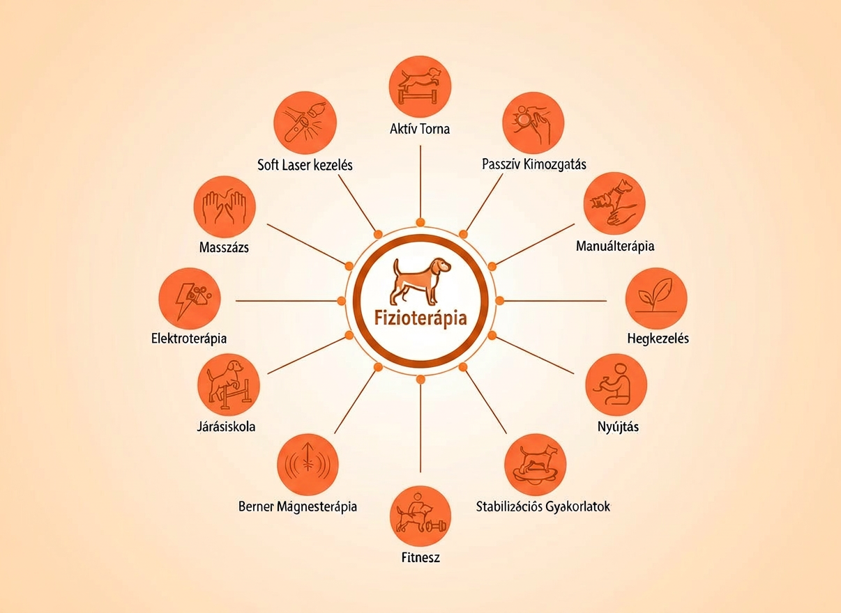 Letisztult, világos hátter?, modern infografika kutya fizioterápiás szolgáltatásokról. A középpontban egy egyszer?, barátságos kör alakú ikon/logó jelzi a fizioterápiát, innen vékony, rendezett vonalakkal kapcsolódnak körben kisebb ikonok és feliratok magyarul: "aktív torna", "passzív kimozgatás", "manuálterápia", "hegkezelés", "asszisztált gyakorlatok", "nyújtás", "járásiskola", "stabilizációs gyakorlatok", "soft lézer kezelés", "Bemer mágnesterápia", "ingerkezelések", "nyirokmasszázs". A színek pasztell zöld és kék árnyalatok, fekete szöveggel, professzionális, de barátságos orvosi rendel?i hangulatban, tiszta vonalvezetéssel, könnyen olvasható tipográfiával.